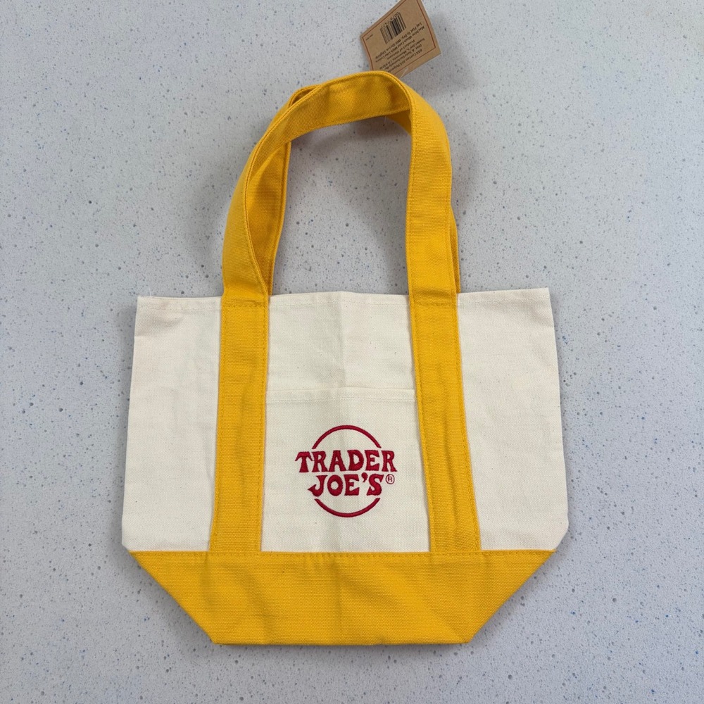 Trader Joe's‎ Mini Canvas Tote Bag Yellow Cream Limited Edition Embroidered Logo